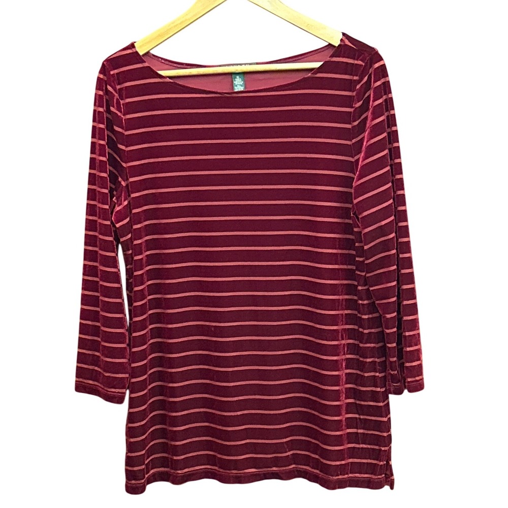 Lauren Ralph Lauren Velvet Stripe Top XL Burgundy Preppy Classic Holiday Chic